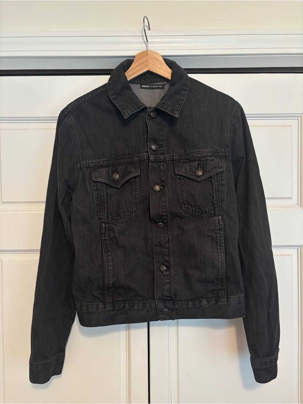 Vintage Versace Classic V2 Black Denim Jacket, Made in Italy, Size 46